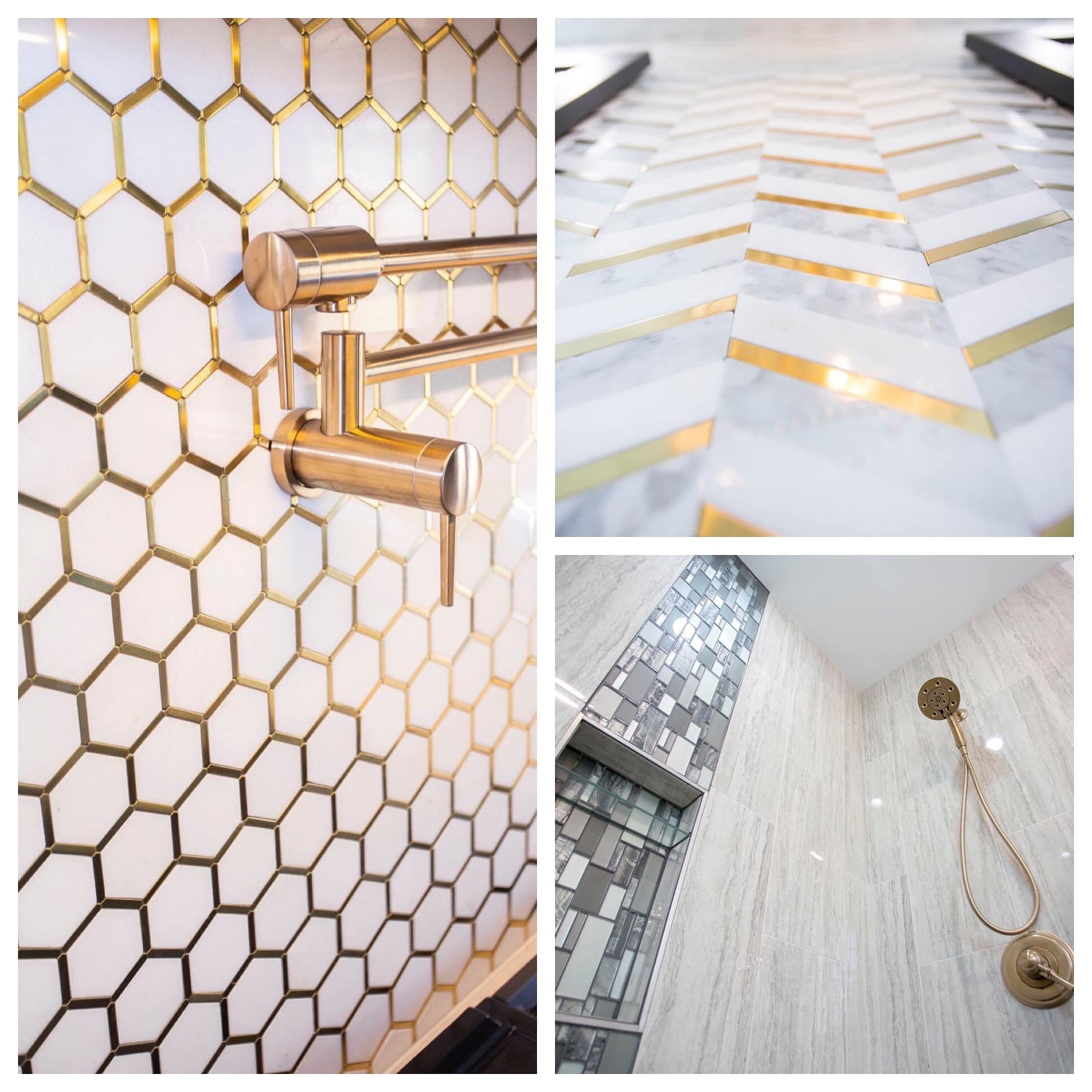 Close-up detail collage of gold-lined hexagon tile, marble chevron mosaic with brass inlay, and a brushed gold handheld shower fixture.